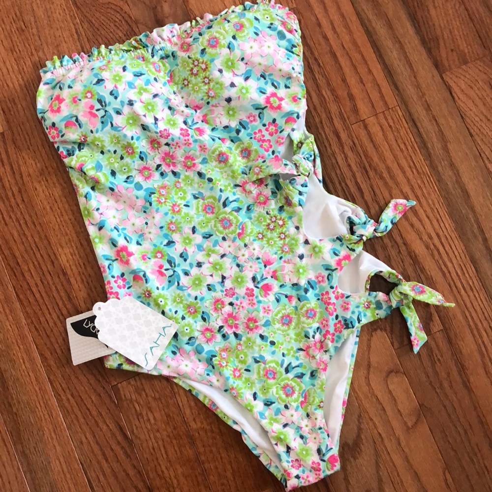 Floral Bandeau One-Piece Swimsuit - Pink & Green
